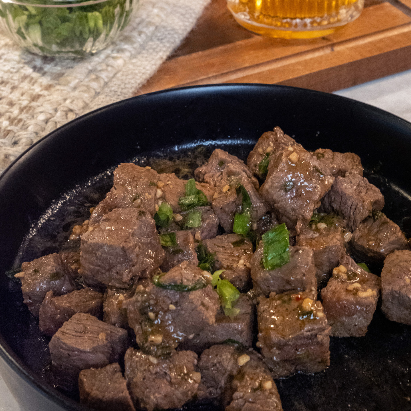 Garlic steak bites in pan