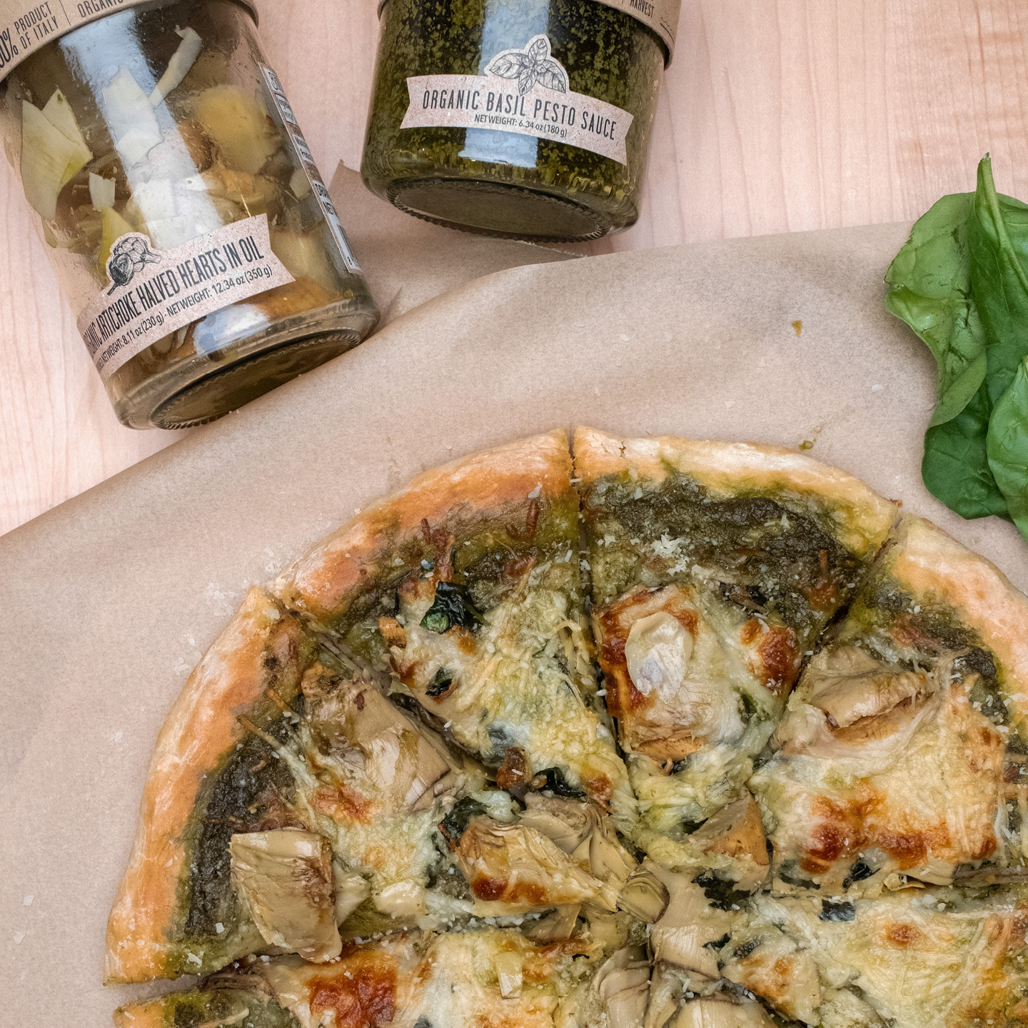PESTO SPINACH ARTICHOKE PIZZA